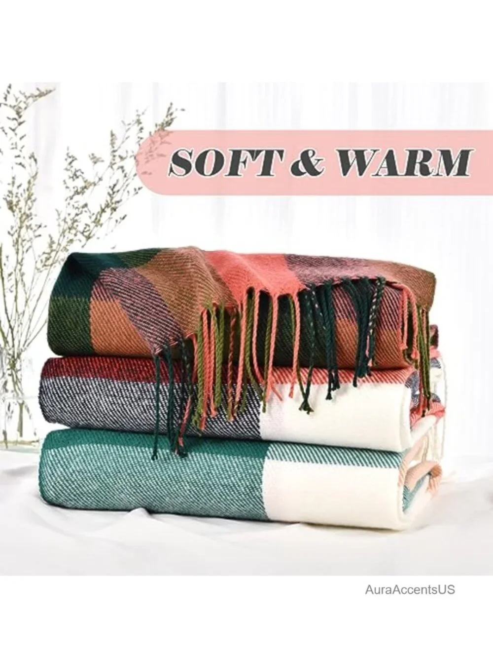 Oversized Plaid Winter Scarf for Women Soft Warm Shawl Wrap with Tassels